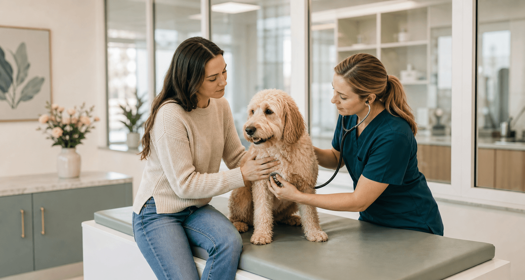 Veterinarian examining a dog while the owner stays beside their pet